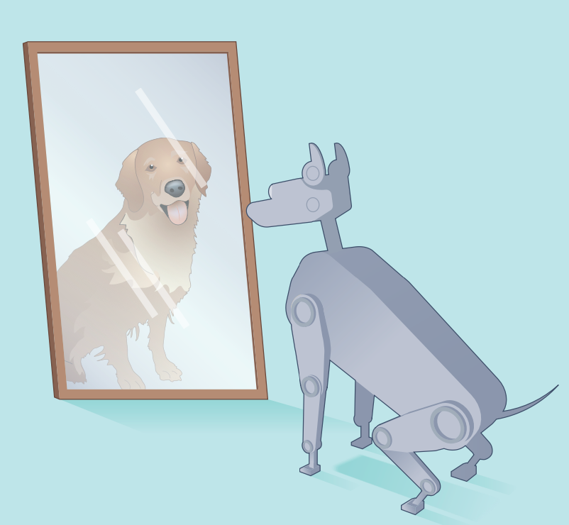 A cartoon image of a robotic dog looking into a mirror. The mirror's reflection shows a golden retriever dog looking back at the robot dog.