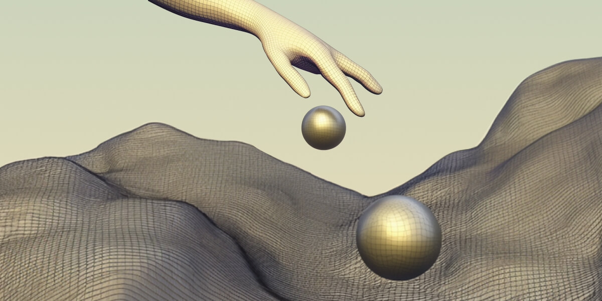 Image of a hand manipulating a ball, made by Romina Mir and Anastasia Kozlova using Midjourney, Photoshop and Figma.