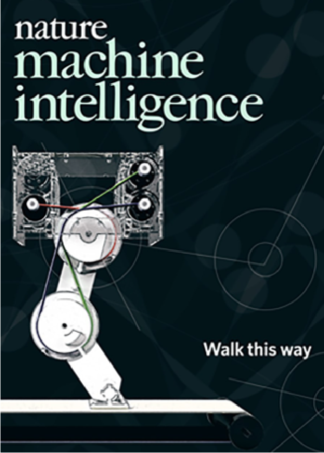The cover image of Nature Machine Intelligence from March 2019 that shows a robotic tendon-driven limb with a caption that reads, 'Walk this way.'